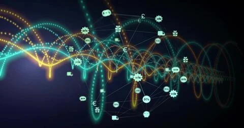 Showing centered digital network in virtual space with neon waves, linked nodes, Stock Photos
