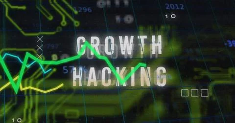Showing centered GROWTH HACKING label over neon charts on digital screen, with Illustrazione stock