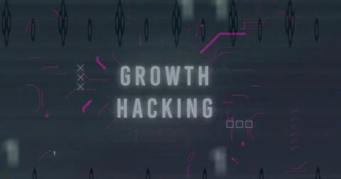 Showing centered GROWTH HACKING title glowing on dark tech card, with magenta Stock Illustration