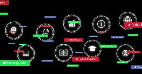 Showing centered HUD array with glowing book cap monitor gear chart on black Stock Illustration