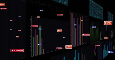Showing centered panels with bar charts at virtual data dashboard, Play Stock Illustration