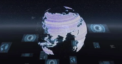Showing centered pixel hologram globe rotating in virtual control room with UI Stock Illustration