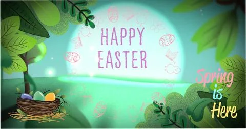 Showing centered purple HAPPY EASTER text glowing in spring meadow with woven Stock Photos
