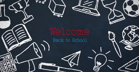 Showing centered red Welcome above blue Back to School sign on chalkboard, with Stock Illustration