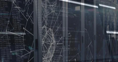 Showing centered server racks with glass doors, code overlays and LED lights  Foto stock