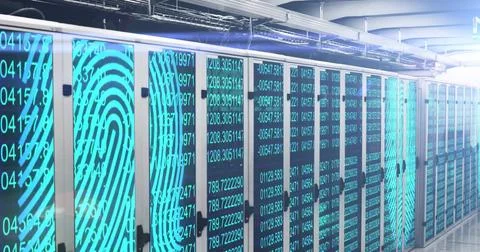 Showing centered server racks with LED panels and fingerprint motif in data c Foto stock