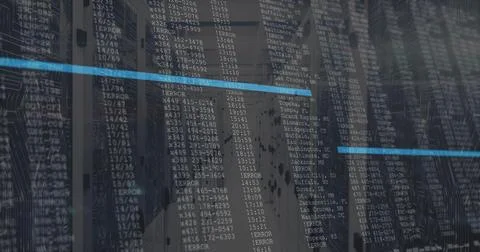 Showing centered server racks streaming data in server room aisle, with LEDs, Stock Photos