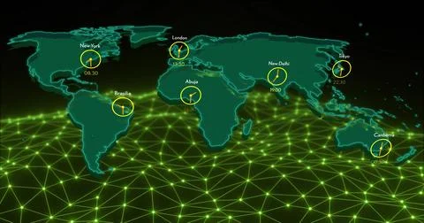 Showing centered stylized map featuring clock overlays on data dashboard with 스톡 일러스트