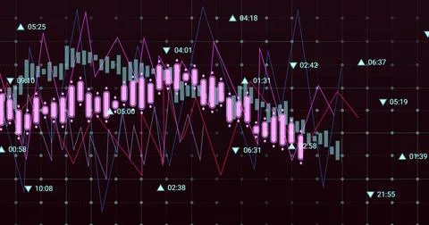 Showing centered trading chart on screen, featuring pink bars with purple or イラスト素材