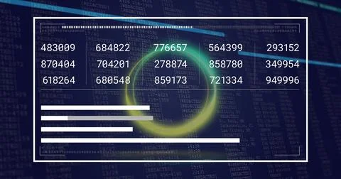 Showing centered white-panel dashboard on navy code, with six-digit grid, neon 스톡 사진