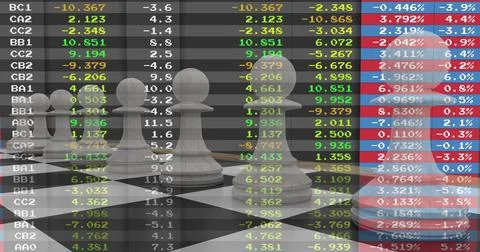 Showing centered white pawn pieces on glossy chessboard, overlaying financial Stock Illustration