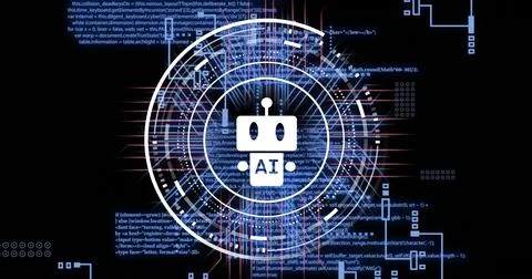 Showing centered white robot-head labeled AI spinning in nested HUD rings on Stock Photos
