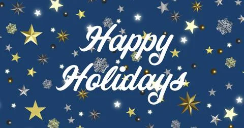Showing centered white script Happy Holidays on navy field with stars, Stock Photos