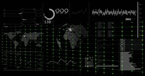 Showing central 3D globe centered on black HUD overlaying neon grid, left map Illustrazione stock