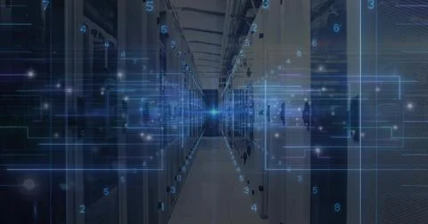 Showing central aisle extending inside data center, with server racks, Stock Photos