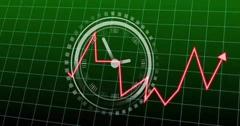 Showing central analog clock with white hands and ticks on green grid, neon-red Stock Illustration