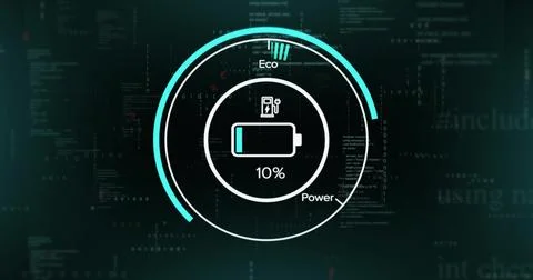 Showing central battery widget on dark GUI, with cyan ring, battery+wrench, 10%, 스톡 일러스트