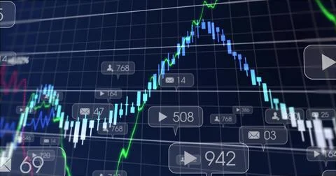 Showing central candles peaking, falling on dark dashboard with green blue Stock Illustration