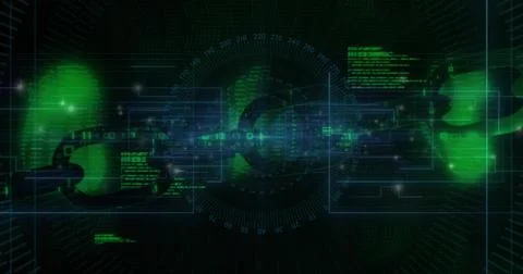 Showing central chain link spinning in interface, with binary streams, frames, Stock Illustration