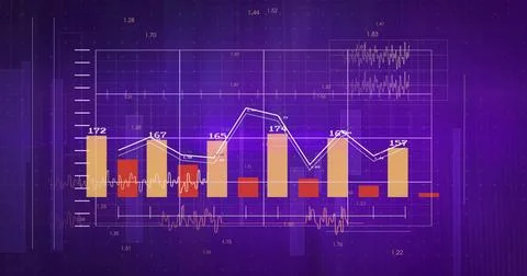 Showing central chart on purple gradient backdrop, with grouped bars, white Stock Illustration