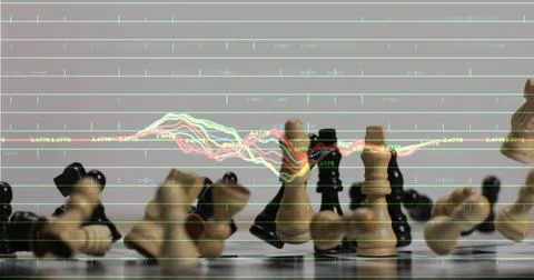 Showing central chess cluster sitting on studio set with fallen pawns and king, Stock Photos