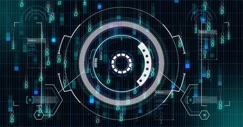 Showing central circular data interface on grid lines with binary streams hex Foto stock