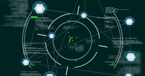 Showing central circular HUD interface in control panel, with green indicator, Stock Photos