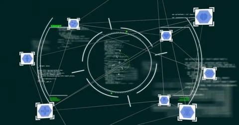 Showing central circular HUD linking white lines on teal UI, with blue hex 库存插图