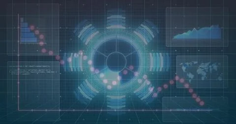 Showing central circular HUD on virtual grid plane, featuring magenta trend line Stock Illustration