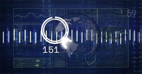 Showing central circular progress meter pulsing over dotted world map on navy Stock Photos
