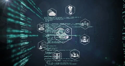 Showing central cloud icon linking hex db lock user charts money in dashboard, Stock Photos
