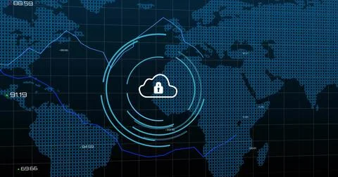 Showing central cloud padlock icon, emitting teal-blue ringed arcs over Illustrazione stock