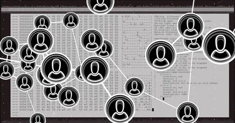 Showing central cluster of avatar nodes linking with lines across terminal Stock Illustration