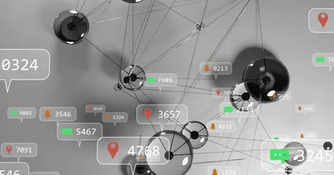 Showing central cluster of metallic nodes with floating data labels and icons in 스톡 일러스트