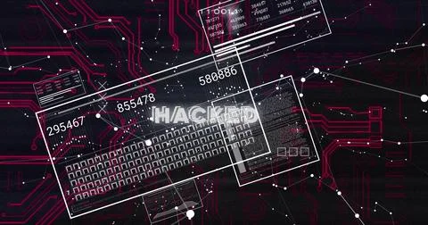 Showing central command overlay in circuit cyberspace, displaying HACKED labe 스톡 일러스트