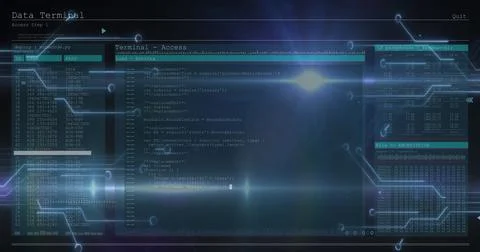 Showing central console running code in cyber hub with translucent data panels Stock Illustration