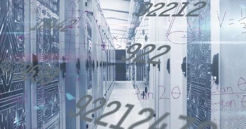Showing central corridor in data center holding rack-mounted servers and cable Stock Photos