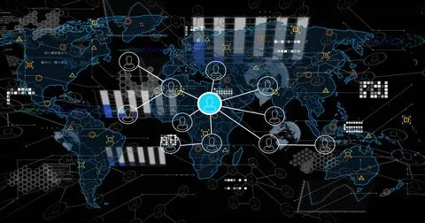 Showing central cyan user node glowing and connecting to outer white nodes on Foto stock