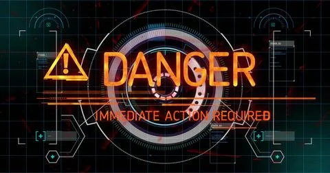 Showing central DANGER warning on grid HUD, featuring triangle icon and Stock Illustration