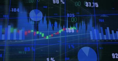 Showing central dashboard featuring candlestick chart, bars, pie charts, numeric Stock Photos