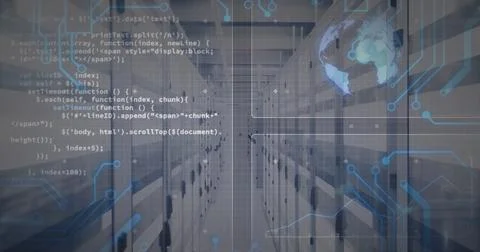 Showing central data center corridor blending server racks with code overlay and Foto stock