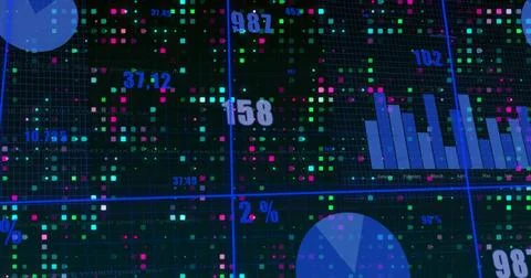 Showing central data panel on dashboard, neon grid, colored squares, numeric Stock Illustration