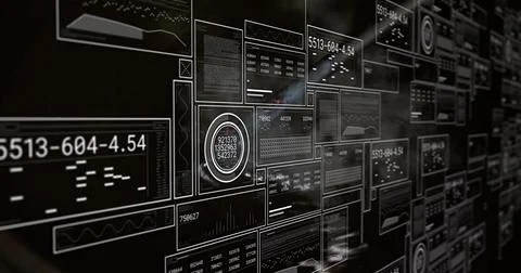 Showing central data panels floating in virtual control room, with line graphs Illustrazione stock