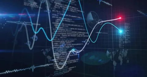 Showing central data visualization on dark grid, featuring curved line graphs, Stockillustratie