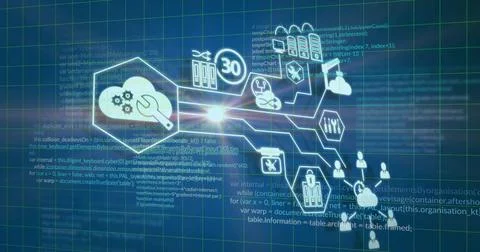 Showing central diagram featuring cloud-wrench on blue grid linking battery 30 스톡 일러스트