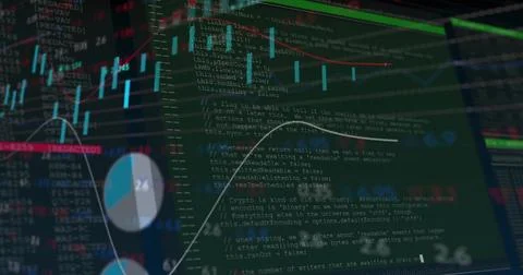 Showing central display merging code editor, candlesticks, histogram bars and Stock Illustration