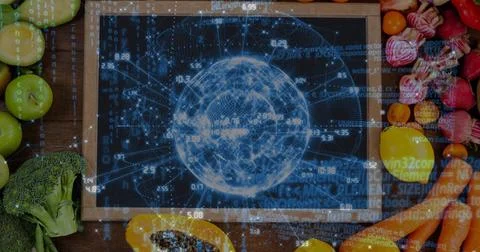 Showing central display projecting blue data globe on wooden kitchen table, with Stockfoto's