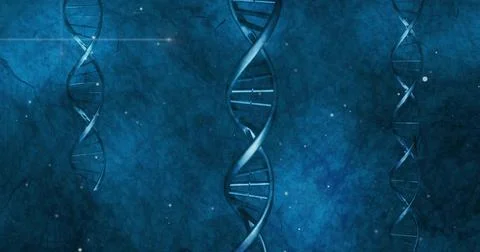 Showing central DNA helix with thin helices floating in digital illustration, Stock Illustration