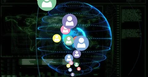 Showing central dotted globe with vertical avatar chain in HUD, displaying data 스톡 일러스트