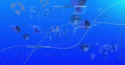 Showing central dotted particle wave sweeping across blue backdrop, with nodes, Stock Illustration